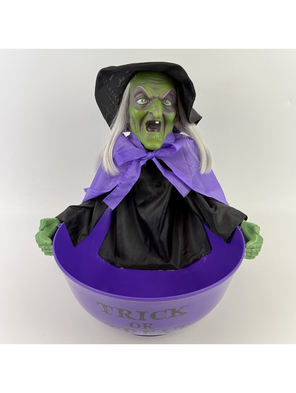 Halloween Motion Activated Witch Candy Bowl Light Up Eyes Sound Animated Purple